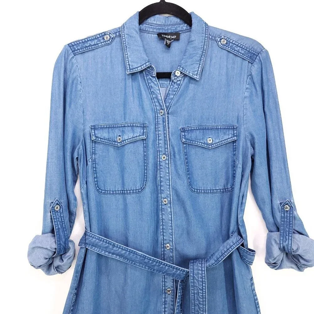 Bebe Denim Shirt Dress Belted Sheath Small Button Up Pockets Long Roll Sleeve - Picture 3 of 12
